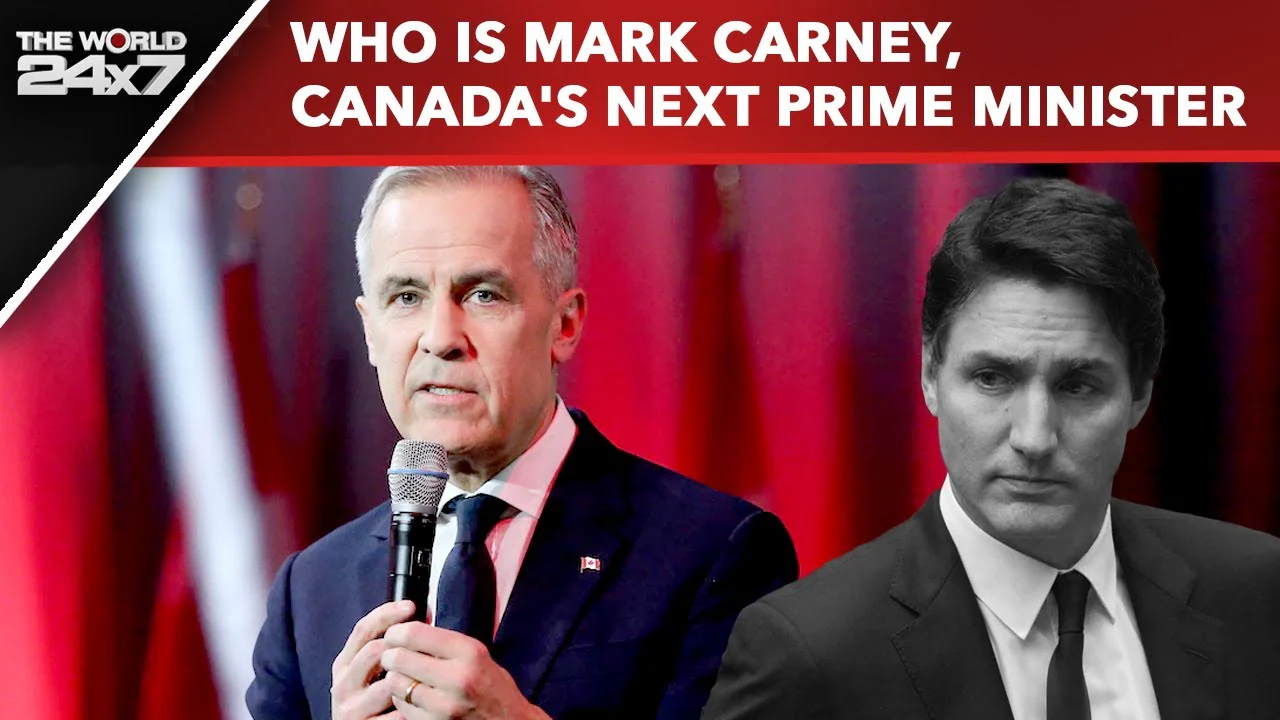 A news program's header image has a 60-something white man standing next to a black-and-white image of Justin Trudeau, and words WHO IS MARK CARNEY, CANADA'S NEXT PRIME MINISTER?